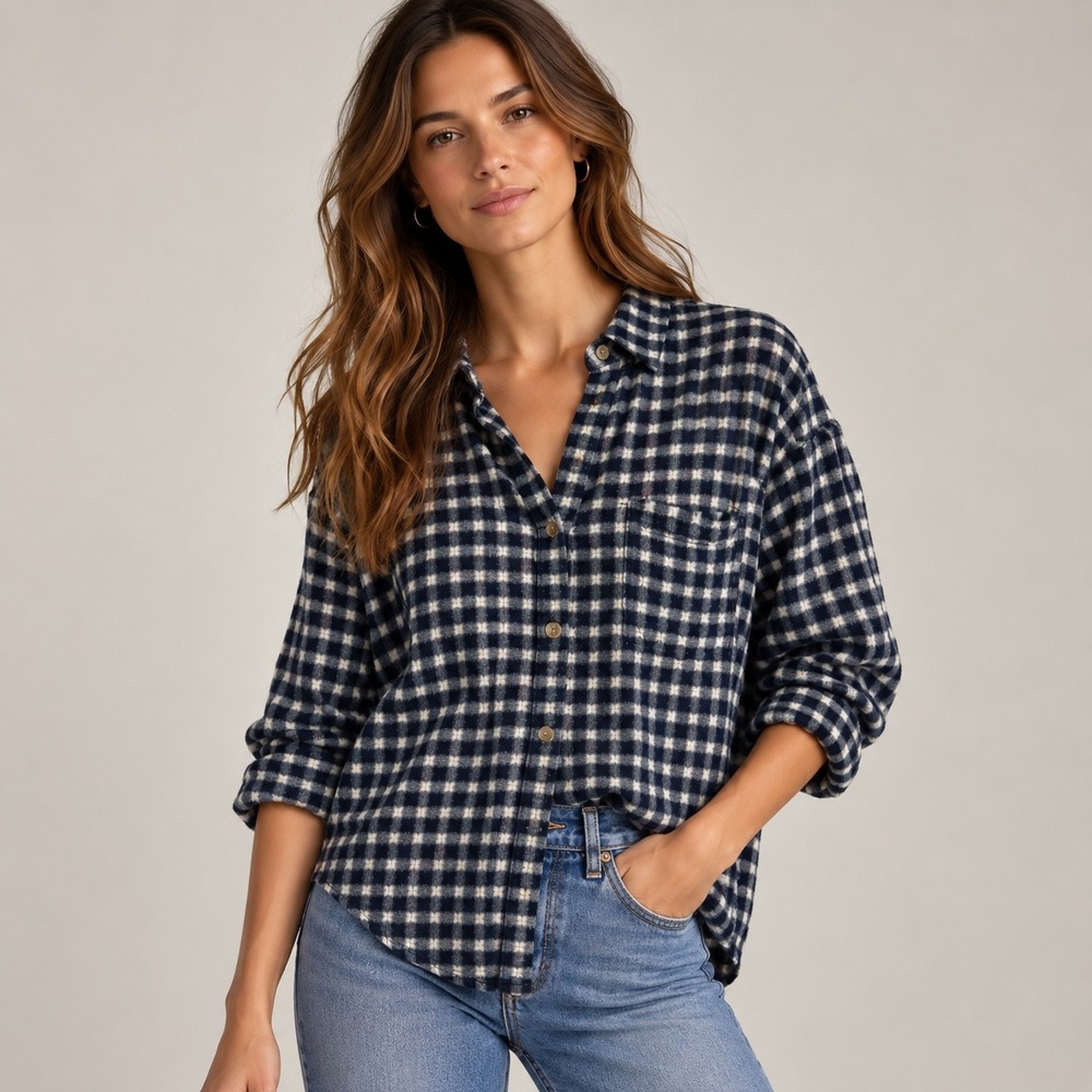 Arizona Navy Blue Textured Gauzy Gingham Oversized Casual Button Down Shirt, M
